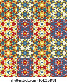 Seamless pattern tiled ornament. Floral textile print. Islamic vector design. Oriental background with abstract flowers. Hexagonal patchwork swatch. Stained glass vitrage.