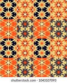 Seamless pattern tiled ornament. Floral textile print. Islamic vector design. Oriental background with abstract flowers. Hexagonal patchwork swatch. Stained glass vitrage.