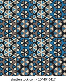 Seamless pattern tiled ornament. Floral textile print. Islamic vector design. Oriental background with abstract flowers. Hexagonal patchwork swatch. Stained glass vitrage.