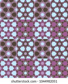 Seamless pattern tiled ornament. Floral textile print. Islamic vector design. Oriental background with abstract flowers. Hexagonal patchwork swatch. Stained glass vitrage.