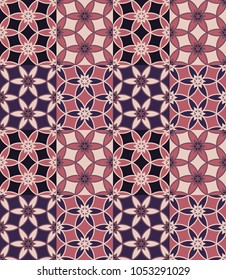 Seamless pattern tiled ornament. Floral textile print. Islamic vector design. Oriental background with abstract flowers. Hexagonal patchwork swatch. Stained glass vitrage.