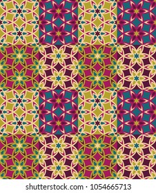 Seamless pattern tiled ornament. Floral textile print. Islamic vector design. Oriental background with abstract flowers. Hexagonal patchwork swatch. Stained glass vitrage.