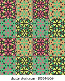 Seamless pattern tiled ornament. Floral textile print. Islamic vector design. Oriental background with abstract flowers. Hexagonal patchwork swatch. Stained glass vitrage.