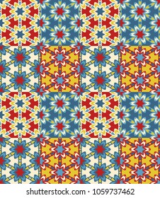 Seamless pattern tiled ornament. Floral textile print. Islamic vector design. Oriental background with abstract flowers. Hexagonal patchwork swatch. Stained glass vitrage.