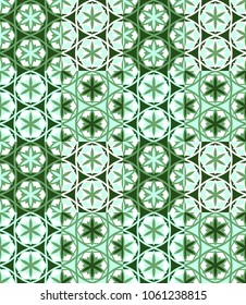 Seamless pattern tiled ornament. Floral textile print. Islamic vector design. Oriental background with abstract flowers. Hexagonal patchwork swatch. Stained glass vitrage.
