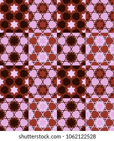 Seamless pattern tiled ornament. Floral textile print. Islamic vector design. Oriental background with abstract flowers. Hexagonal patchwork swatch. Stained glass vitrage.
