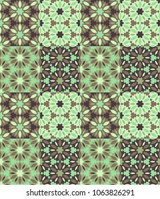 Seamless pattern tiled ornament. Floral textile print. Islamic vector design. Oriental background with abstract flowers. Hexagonal patchwork swatch. Stained glass vitrage.