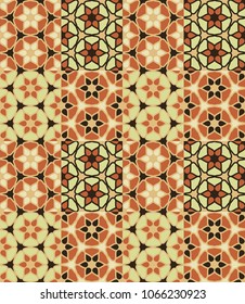 Seamless pattern tiled ornament. Floral textile print. Islamic vector design. Oriental background with abstract flowers. Hexagonal patchwork swatch. Stained glass vitrage.