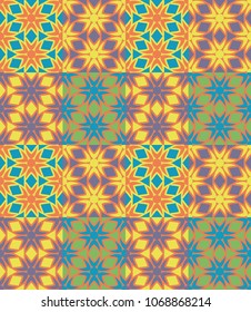Seamless pattern tiled ornament. Floral textile print. Islamic vector design. Oriental background with abstract flowers. Hexagonal patchwork swatch. Stained glass vitrage.