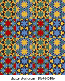Seamless pattern tiled ornament. Floral textile print. Islamic vector design. Oriental background with abstract flowers. Hexagonal patchwork swatch. Stained glass vitrage.