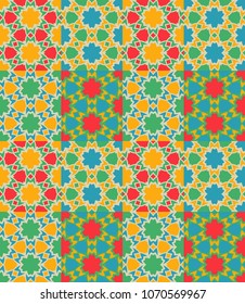 Seamless pattern tiled ornament. Floral textile print. Islamic vector design. Oriental background with abstract flowers. Hexagonal patchwork swatch. Stained glass vitrage.