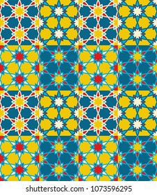 Seamless pattern tiled ornament. Floral textile print. Islamic vector design. Oriental background with abstract flowers. Hexagonal patchwork swatch. Stained glass vitrage.