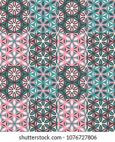 Seamless pattern tiled ornament. Floral textile print. Islamic vector design. Oriental background with abstract flowers. Hexagonal patchwork swatch. Stained glass vitrage.
