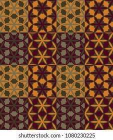 Seamless pattern tiled ornament. Floral textile print. Islamic vector design. Oriental background with abstract flowers. Hexagonal patchwork swatch. Stained glass vitrage.