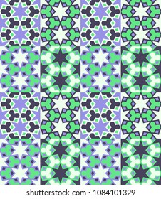 Seamless pattern tiled ornament. Floral textile print. Islamic vector design. Oriental background with abstract flowers. Hexagonal patchwork swatch. Stained glass vitrage.