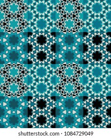 Seamless pattern tiled ornament. Floral textile print. Islamic vector design. Oriental background with abstract flowers. Hexagonal patchwork swatch. Stained glass vitrage.