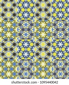 Seamless pattern tiled ornament. Floral textile print. Islamic vector design. Oriental background with abstract flowers. Hexagonal patchwork swatch. Stained glass vitrage.