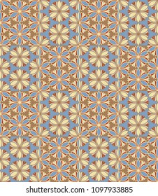 Seamless pattern tiled ornament. Floral textile print. Islamic vector design. Oriental background with abstract flowers. Hexagonal patchwork swatch. Stained glass vitrage.