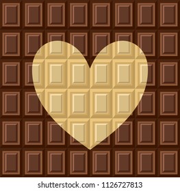 Seamless pattern - tiles of dark milk White and black chocolate. Background texture for wallpaper, wrapper, cover and packaging of desserts. World chocolate day. Heart - card about love of sweets