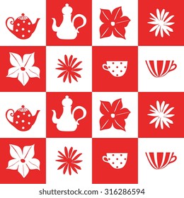 Seamless pattern of tiles with teapots, cups, flowers. Red and white bright vector illustration.