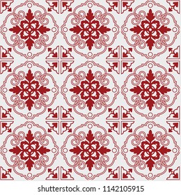 Seamless pattern of tiles. Vintage decorative design elements. Islam, Arabic, Indian, ottoman handdrawn motifs. Perfect for printing on fabric or paper. Grey and red colors