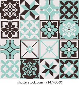 Seamless pattern of tiles. Vintage decorative design elements. Islam, Arabic, Indian, ottoman handdrawn motifs. Perfect for printing on fabric or paper. Green and black colors