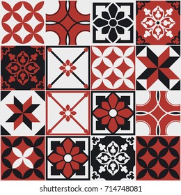 Seamless pattern of tiles. Vintage decorative design elements. Islam, Arabic, Indian, ottoman handdrawn motifs. Perfect for printing on fabric or paper. Red and black colors