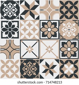 Seamless pattern of tiles. Vintage decorative design elements. Islam, Arabic, Indian, ottoman handdrawn motifs. Perfect for printing on fabric or paper. Brown and black colors