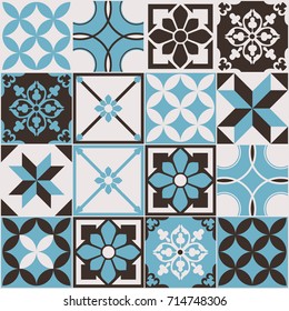 Seamless pattern of tiles. Vintage decorative design elements. Islam, Arabic, Indian, ottoman handdrawn motifs. Perfect for printing on fabric or paper. Blue and black colors