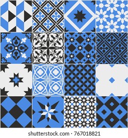 Seamless pattern of tiles. Vintage decorative design elements. Islam, Arabic, Indian, ottoman,patchwork handdrawn motifs. Perfect for printing on fabric or paper. Blue and black colors