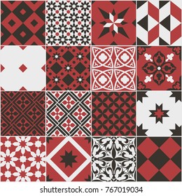 Seamless pattern of tiles. Vintage decorative design elements. Islam, Arabic, Indian, ottoman, patchwork handdrawn motifs. Perfect for printing on fabric or paper. Red and black colors