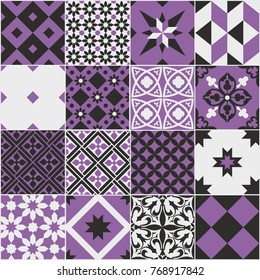 Seamless pattern of tiles. Vintage decorative design elements. Islam, Arabic, Indian, ottoman handdrawn motifs. Perfect for printing on fabric or paper. Violet and black colors