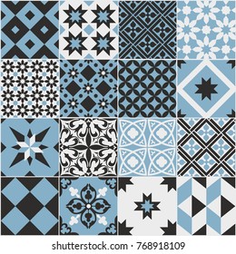 Patrón de azulejos sin inconvenientes. Elementos decorativos de época. Islam, árabe, indio, otomano, motivos dibujados a mano. Perfecto para imprimir en tela o papel. Color azul y negro