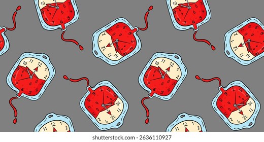 Seamless pattern time blood donation concept clock medical abstract background donor day gray hand drawn save life design vector art healthcare 