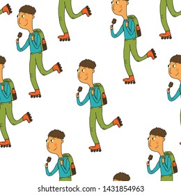 Seamless pattern. The time spent in the fresh air - boy on roller skates with ice cream. Cartoon style, color pictures. Vector illustration. For background, package design, children's style.
