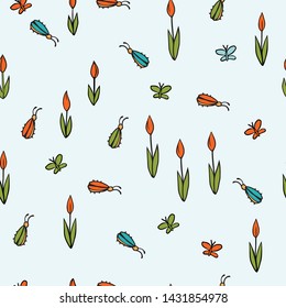 Seamless pattern. Time spent outdoors - flowers, beetles, butterflies and tulips. Cartoon style, color pictures. Vector illustration. For background, packaging design, children's style.