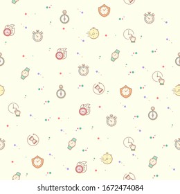 Seamless pattern time vector illustration. Contains such Icons as stopwatch, watch, alarm and timer and Other Elements. Seamless texture.
