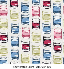 Seamless pattern with tin cans in pop art style on a light background for crafts, tote bag, home decor. Retro
