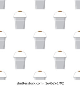 Seamless pattern with tin metal iron bucket empty or with water on white background. Cartoon style. Vector illustration for design, web, wrapping paper, fabric, wallpaper.