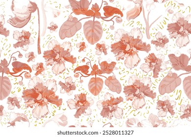 A seamless pattern with tinted African violet flowers isolated on the white background. Golden textured shapes with the aged effect placed around the flowers. Colored ink smear texture placed above.