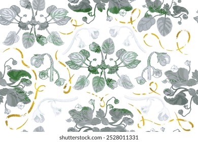 Un patrón sin fisuras con flores de color violeta africano tintado aislado en el fondo blanco. Formas de textura dorada con el efecto envejecido colocado alrededor de las flores. Textura de mancha de tinta de color colocada arriba.