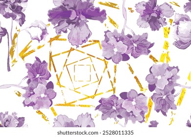 A seamless pattern with tinted African violet flowers isolated on the white background. Golden textured shapes with the aged effect placed around the flowers. Colored ink smear texture placed above.