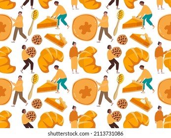 Seamless pattern with Tiny Characters Presenting Homemade pastries. People carrying pancakes, croissant, cookies, pie. Repeated Vector Template for wallpaper, wrapping, packing, packaging.