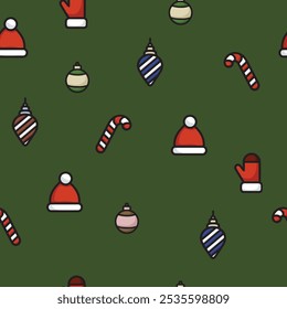 Seamless pattern with tiny christmas elements such as santa claus hat, candy, decorations and gloves on dark green background