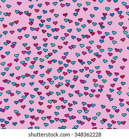 Seamless pattern with tiny colorful hearts. Abstract repeating. Cute backdrop. Pink background. Template for Valentine's, Mother's Day, wedding, scrapbook, surface textures. Vector illustration.