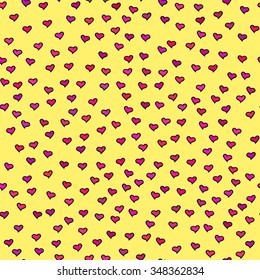 Seamless pattern with tiny colorful hearts. Abstract repeating. Cute backdrop. Yellow background. Template for Valentine's, Mother's Day, wedding, scrapbook, surface textures. Vector illustration.