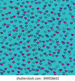 Seamless pattern with tiny colorful hearts. Abstract repeating. Cute backdrop. Blue background. Template for Valentine's, Mother's Day, wedding, scrapbook, surface textures. Vector illustration.