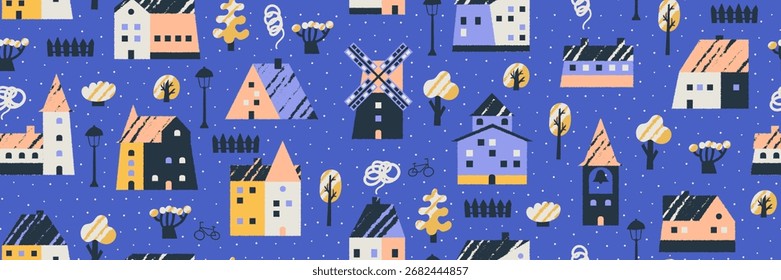 Nahtloses Muster mit winzigen niedlichen Häusern und kleinen Häusern für eine skandinavische märchenhafte Winternacht in Schweden mit Schnee.
