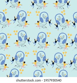 Seamless pattern of tiny dancing girls and headphones. Love music concept 