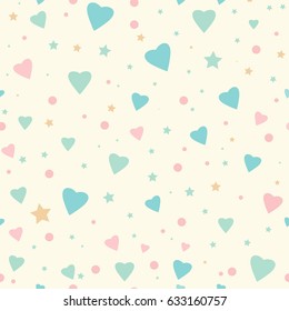 Seamless pattern with tiny hearts and dots in summer colors. Vector repeating texture.